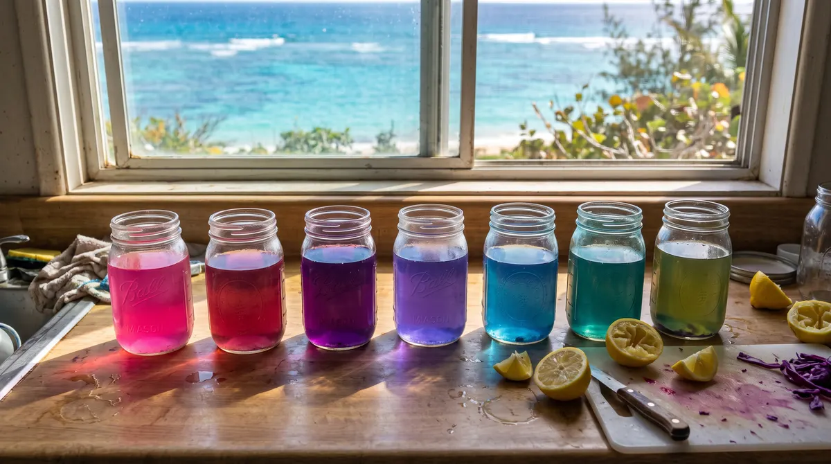 Row of glass jars of red cabbage indicator shifting from pink through purple to blue and green on a kitchen bench, with halved lemons and turquoise reef water seen through a window.