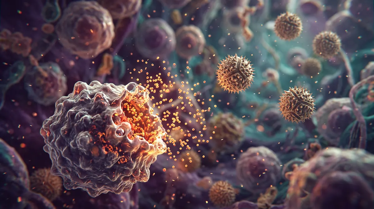 Illustration of an immune cell releasing histamine granules as pollen grains drift past