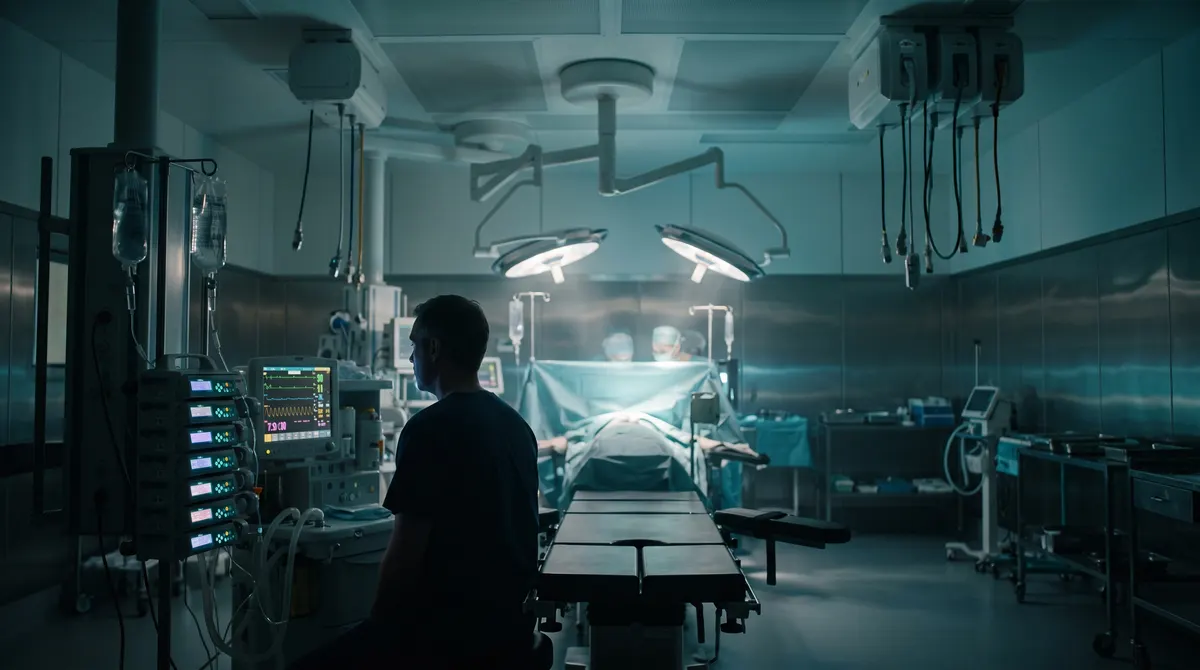 Modern Australian operating theatre seen from the head of the table, an anaesthetist silhouetted beside glowing patient monitors and a drip line, blue-green tones.