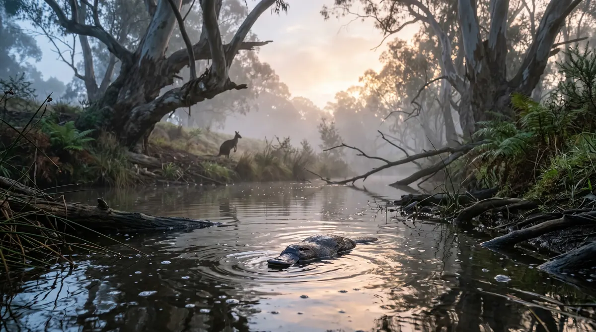 Dawn at a quiet Australian creek with a platypus surfacing among ripples in the foreground and a kangaroo silhouetted among river red gums on the misty bank behind.
