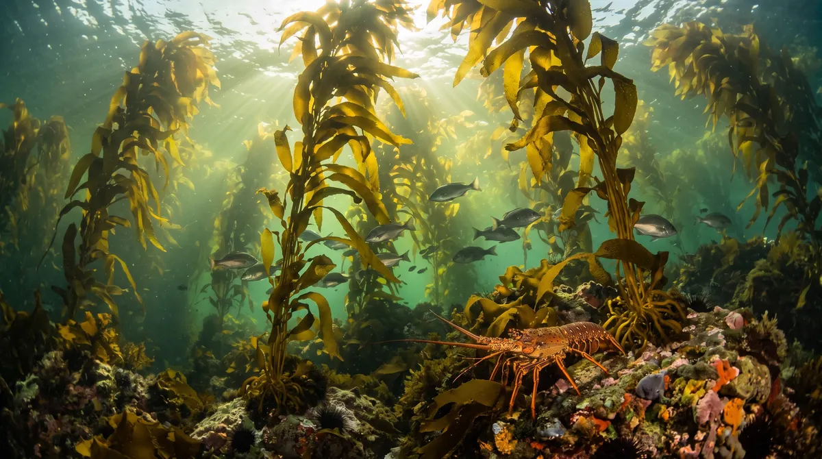 Sunlit Tasmanian giant kelp forest underwater, with fish weaving between tall golden fronds and a rock lobster on the reef below.