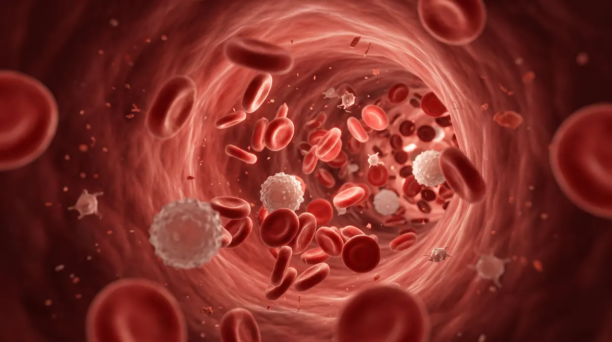Red blood cells, white blood cells and platelets flowing through a blood vessel