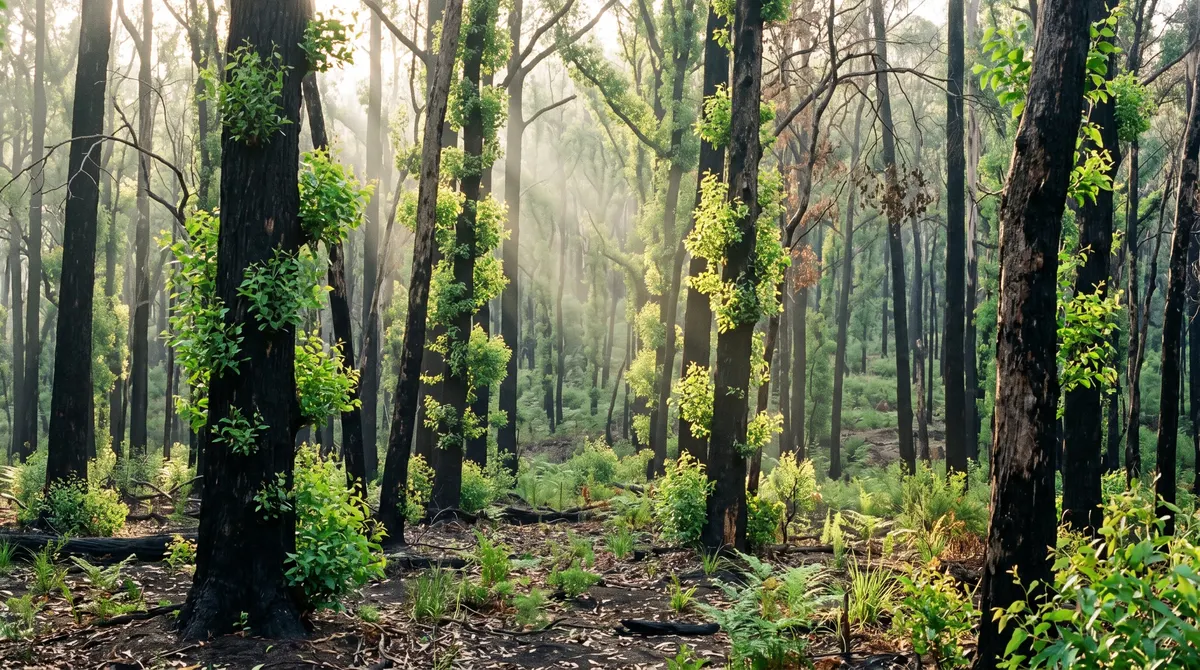 Australian eucalypt forest months after a bushfire, blackened trunks fuzzed with bright green epicormic shoots, morning light slanting through the smoke-cleared air.