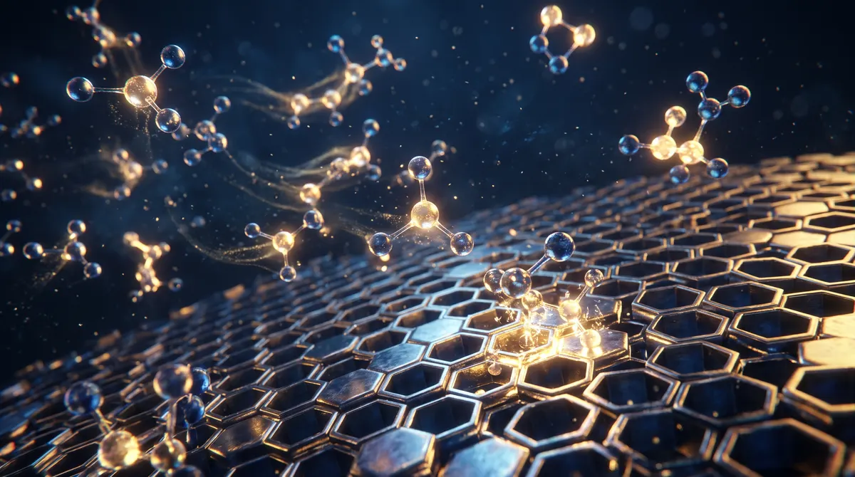 Glowing molecules drifting toward a shimmering honeycomb-like metal surface, where they meet, join and float away, rendered in deep blues and warm gold.