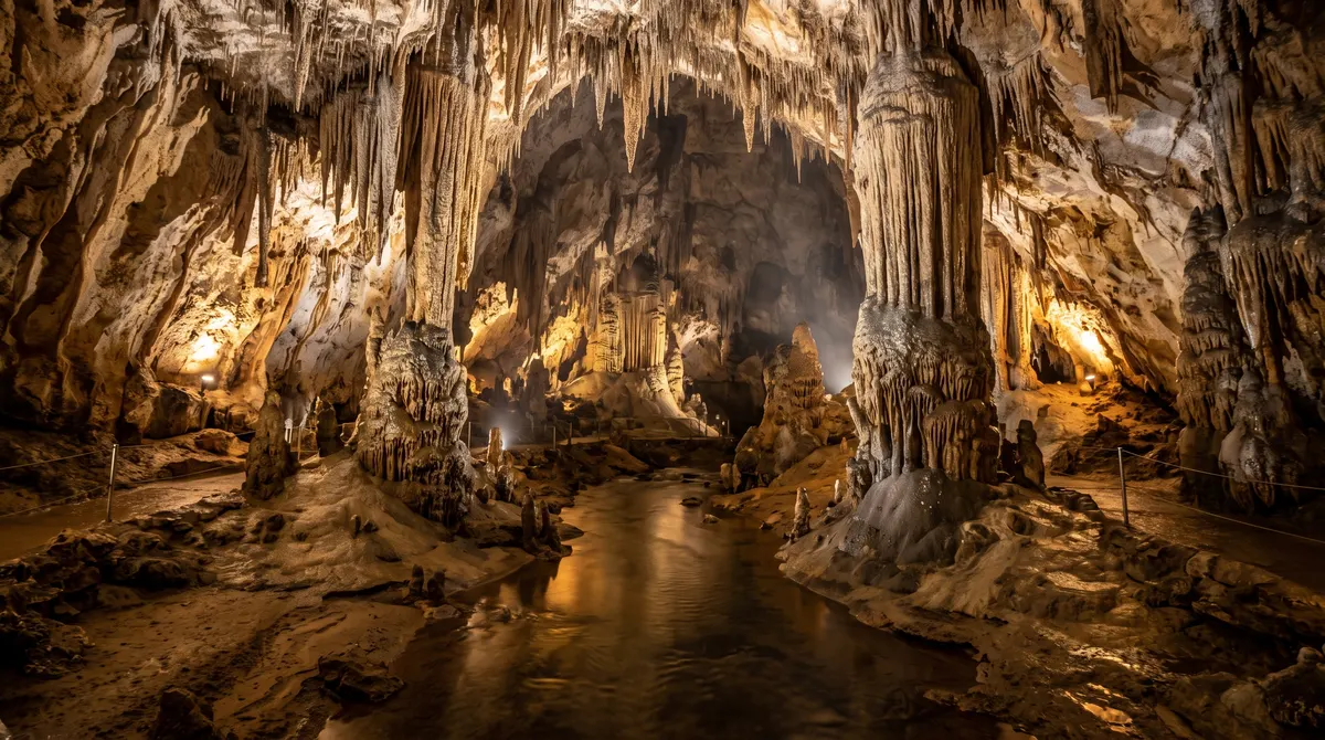 A huge limestone cave chamber filled with stalactites and stalagmites, softly lit above a still underground stream.