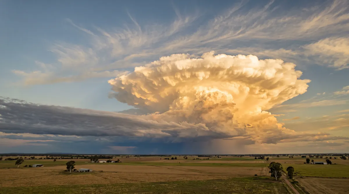 Towering cumulonimbus cloud lit gold by late afternoon sun over flat Queensland farmland, with low grey stratus on one side and thin high cirrus streaks above.