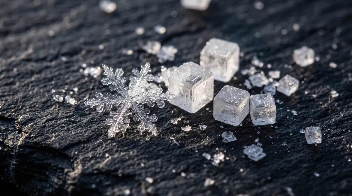 Tiny cube-shaped salt crystals and a single six-armed snowflake on dark slate, lit dramatically so every flat face and sharp edge glints.