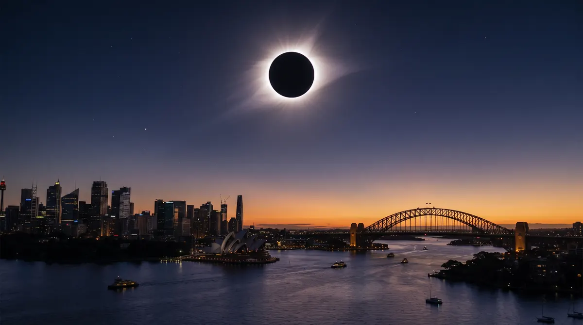A total solar eclipse over the Sydney Harbour skyline at midday, the glowing pearly corona around the black Moon and the city bathed in eerie twilight.