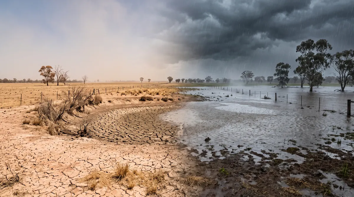 Split landscape of one Australian farm paddock, half cracked dry earth beside an empty dam and half flooded under dark storm clouds and heavy rain.
