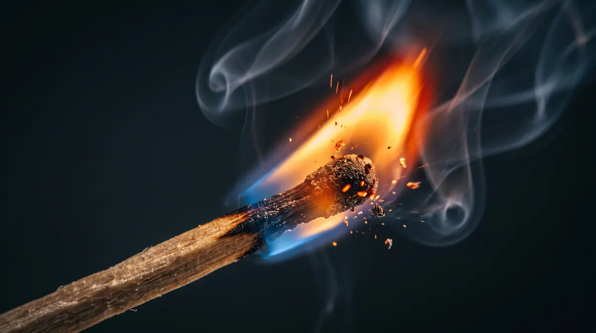 A single match flaring into flame against a dark background, showing the blue base and glowing orange tip, with fine smoke curling upward.