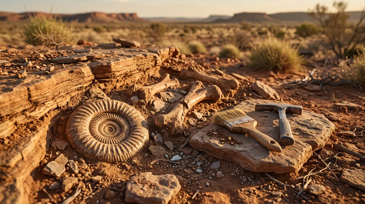 An ammonite fossil and fossil bones exposed in outback rock beside a brush and hammer