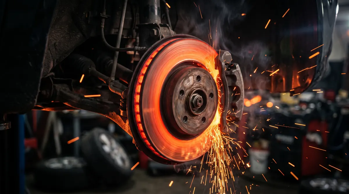 A car disc brake glowing red-hot with sparks flying from the brake pad