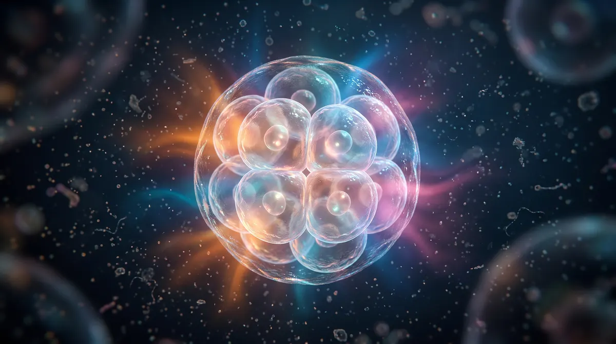Microscopic of a glowing early embryo dividing into a cluster of translucent cells, soft gradients of coloured signal light spreading through the surrounding fluid.