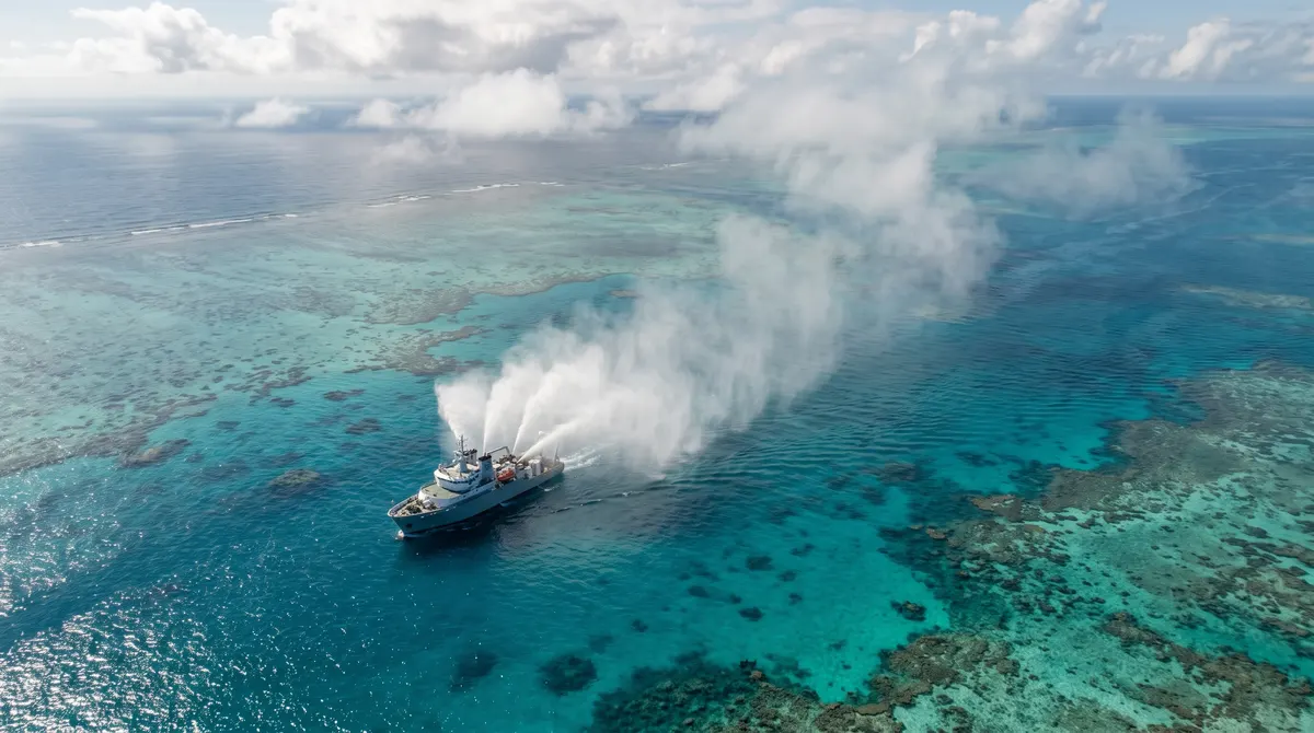 Aerial of a research vessel spraying a fine white sea-salt mist into low clouds above the turquoise waters and coral of the Great Barrier Reef.
