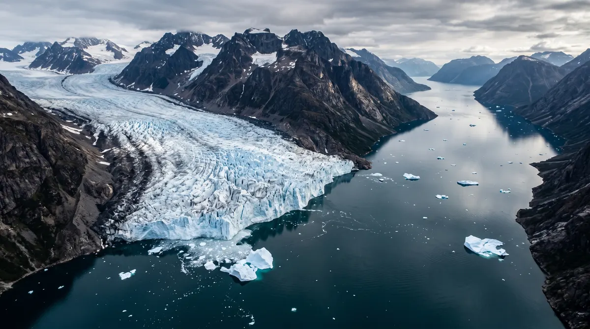 Aerial of a vast blue-white glacier flowing between dark mountains into a deep fjord, with icebergs calving into the still water below.