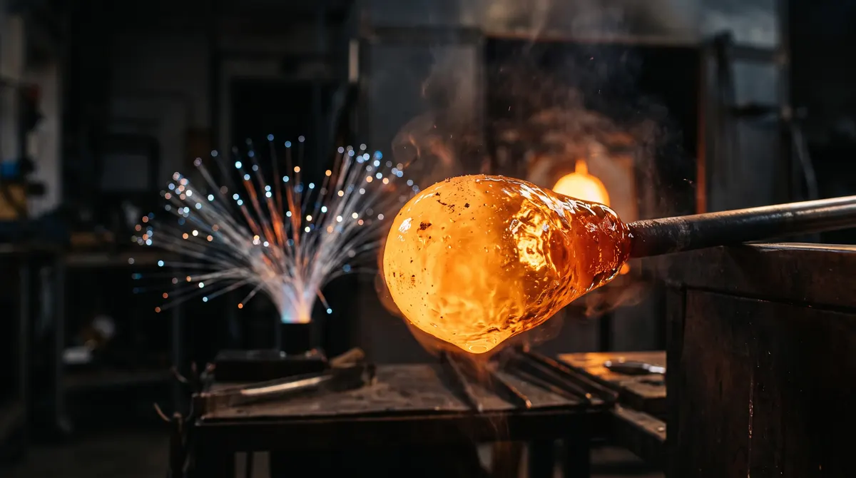Glowing molten glass on a glassblower's pipe in a dark studio, with a bundle of fine optical fibres glowing at their tips in the background.