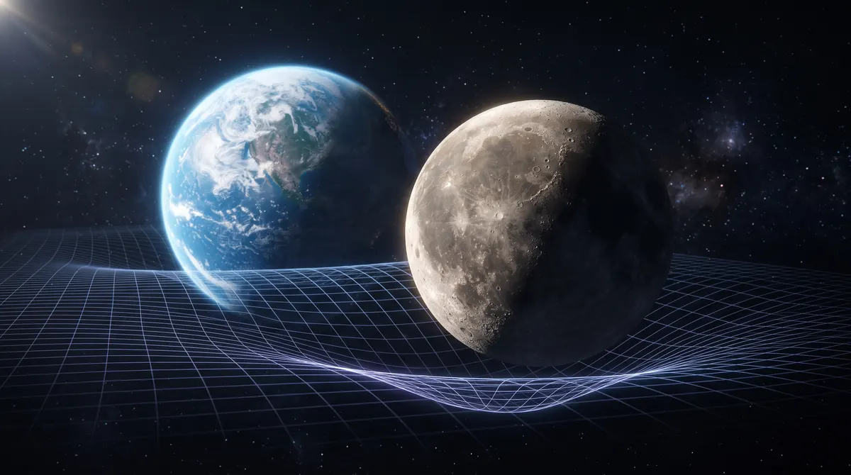 The Earth and the Moon in space above a curved grid representing spacetime bent by gravity