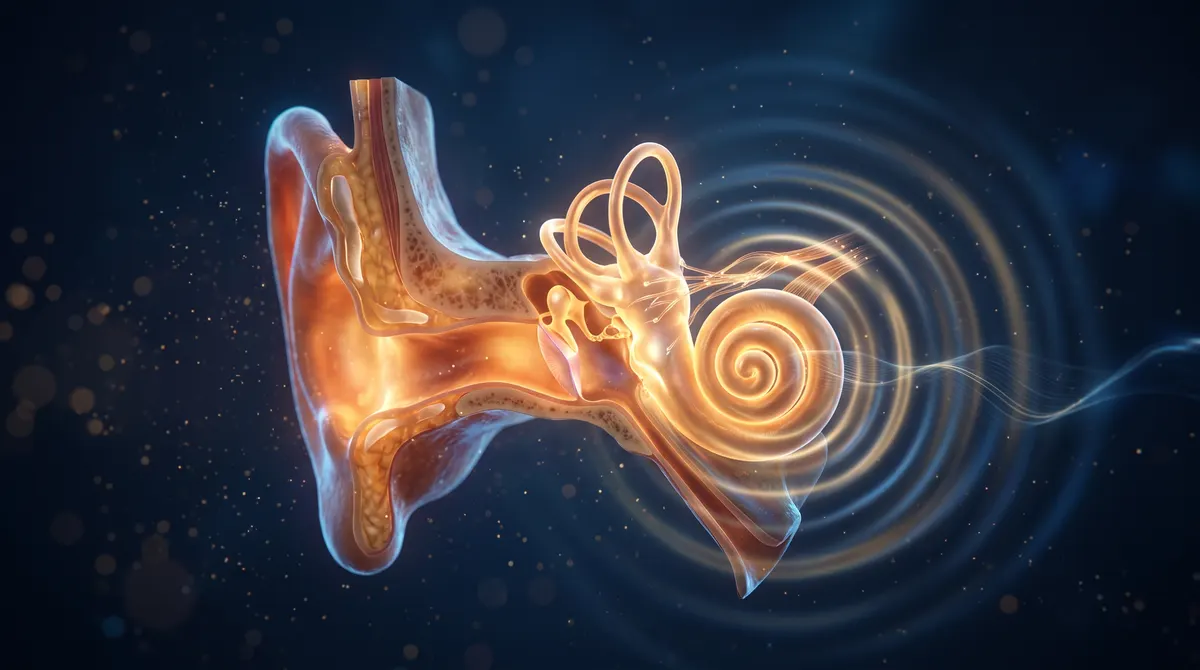 Cutaway of the human inner ear glowing in warm light, the spiral cochlea and semicircular canals floating against a deep blue background with soft sound ripples.