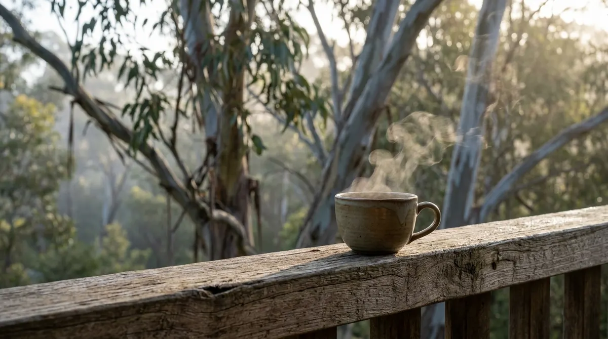 A steaming cup of tea on a timber verandah railing on a cool Australian morning, with soft light catching the curling steam against a blurred eucalypt background.
