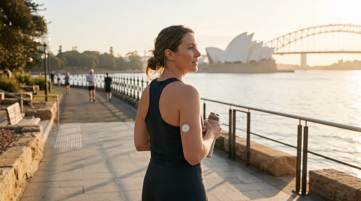 A woman resting on a Sydney harbourside path at sunrise, wearing a small glucose sensor on her upper arm.