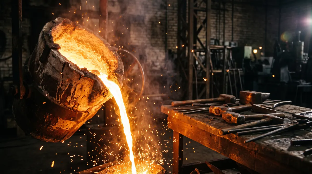 Glowing molten metal pouring from a crucible in a dim foundry, sparks flying, with hammered bronze and steel tools on a workbench nearby.