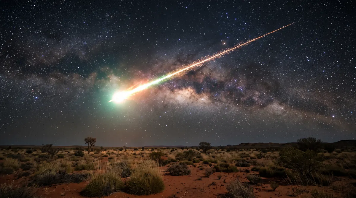 A bright meteor fireball streaking across the night sky over the Australian outback