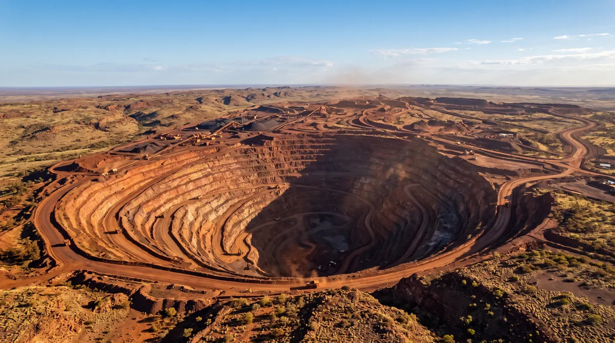 Aerial view of a terraced open-cut iron ore mine in red Pilbara earth