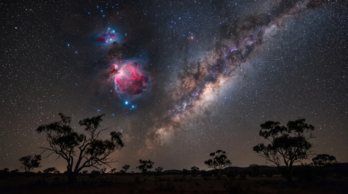 The glowing red and blue Orion Nebula above a dark Australian outback horizon, with silhouetted gum trees and a starry Milky Way sky.