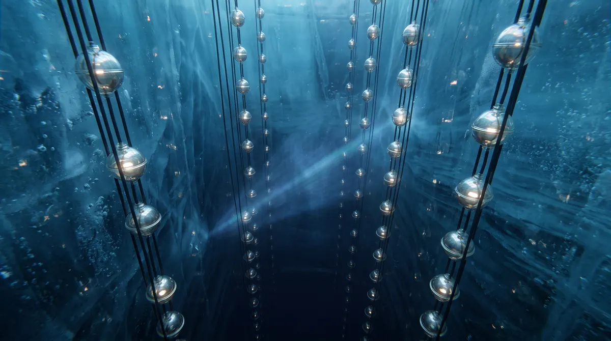 Strings of glowing spherical sensors suspended in deep blue ice, crossed by a faint streak of blue light.