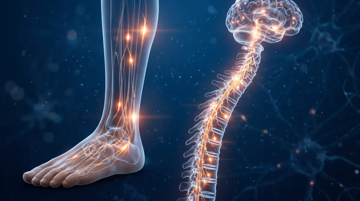 Glowing nerve fibres running from a bare foot up through a translucent human spine towards the brain, deep blue background with warm orange signal pulses.