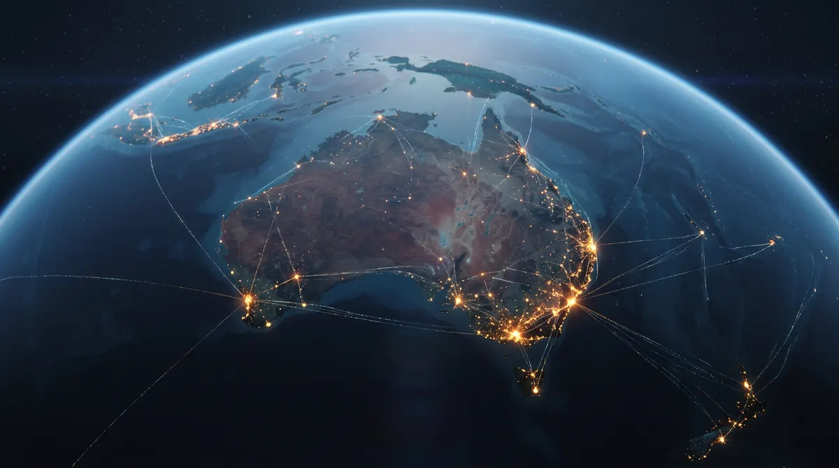 Calm, cinematic 3D view of a glowing network of light points spreading across a darkened globe with Australia in the foreground, cool blue and amber tones.