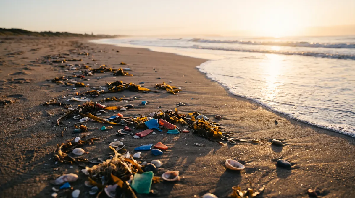 A sandy Australian beach at sunrise where colourful fragments of weathered plastic lie among shells and seaweed at the tideline, lit by low golden light.