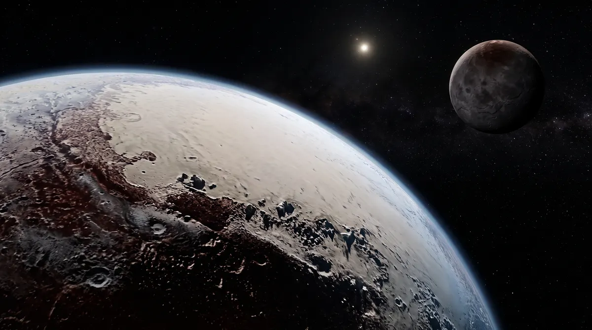 Pluto with its pale heart-shaped plain and icy mountains, its moon Charon beyond, against a field of distant stars and a tiny far-off Sun.
