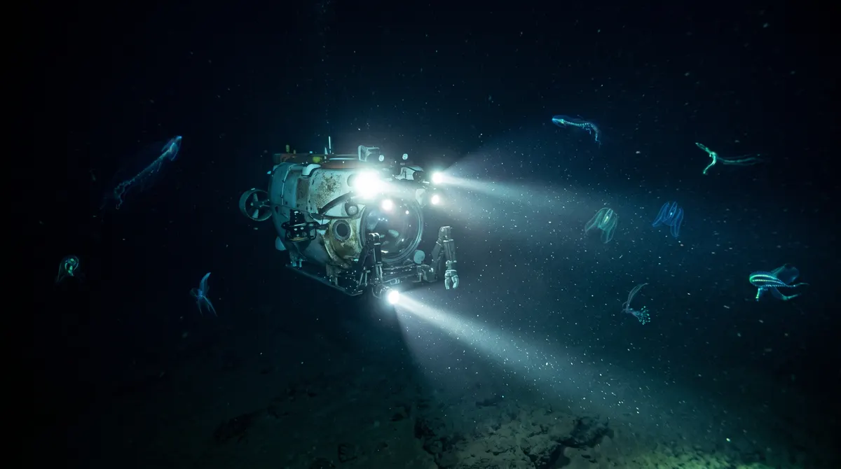 A research submersible shining floodlights into the dark deep ocean among glowing sea creatures