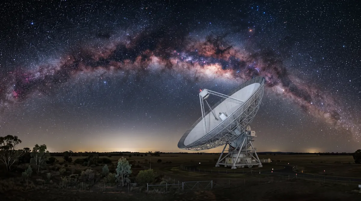 Night of a giant white radio dish in flat New South Wales farmland, pointed at a Milky Way arching overhead, with a faint glow on the horizon.