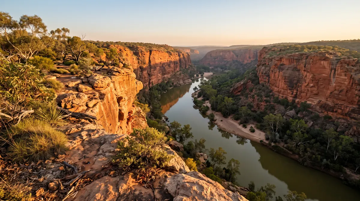 From high on a sandstone cliff into a deep Australian river gorge in late afternoon light, with a river winding between towering red and orange walls.