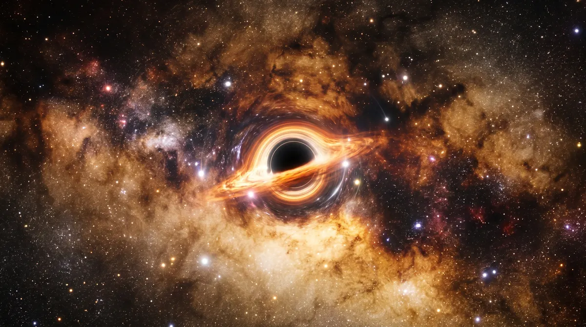A black hole ringed by glowing gas at the centre of the Milky Way among golden star clouds