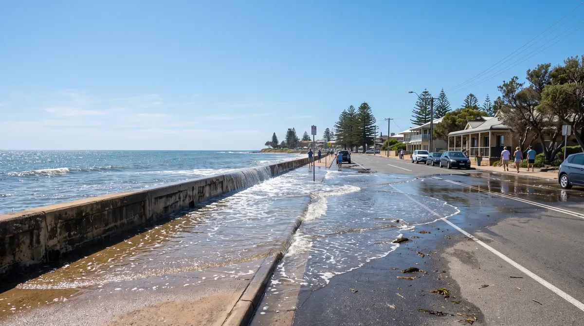 Image of a king tide spilling seawater over a low seawall onto a sunny coastal Australian street, with clear blue sky and no storm in sight.