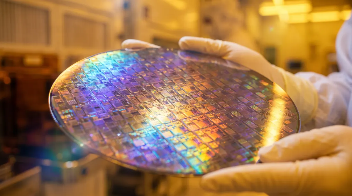 A polished silicon wafer covered in iridescent rainbow chip patterns, held in gloved hands inside a cleanroom with yellow safety lighting.