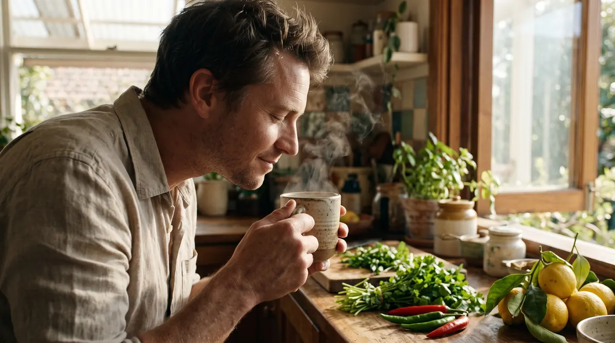 A person in a sunlit Australian kitchen inhaling steam rising from a cup of coffee, with fresh herbs, chillies and lemons blurred on the bench behind.