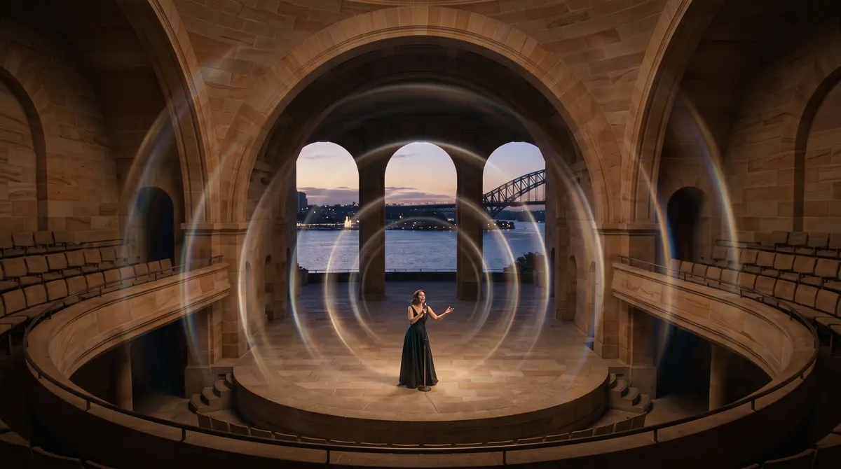 A lone singer in an empty sandstone concert hall on Sydney Harbour at dusk, with faint translucent rings of pressure waves spreading from the voice and bouncing off the curved walls.