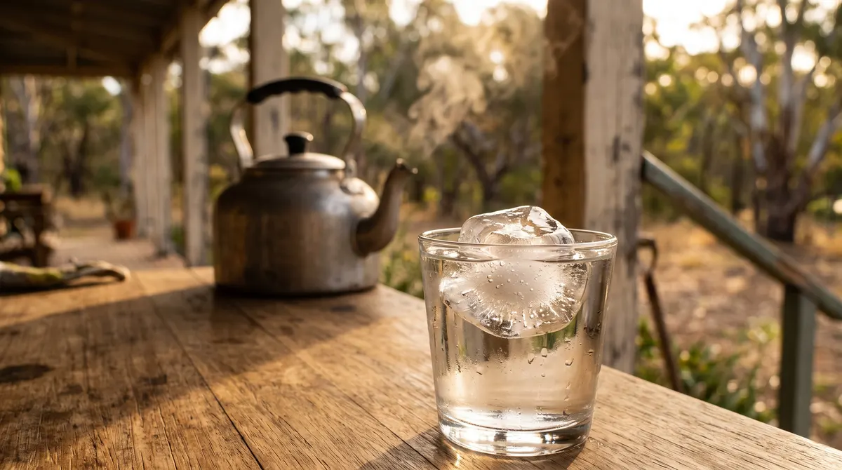 An ice cube melting in a glass of water on a sunlit wooden table on an Australian verandah, wisps of steam rising from a kettle behind it, golden afternoon light.