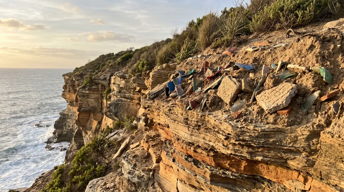 Cliff face of layered sediment rock on an Australian coastline, the topmost layer embedded with fragments of plastic, concrete and glass, lit by low golden sunlight.