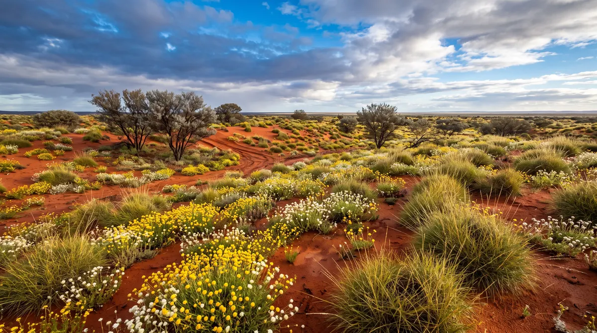 Wide of red outback sand dunes after rain, carpeted in yellow and white wildflowers among spinifex hummocks and mulga trees, under a huge clearing sky.