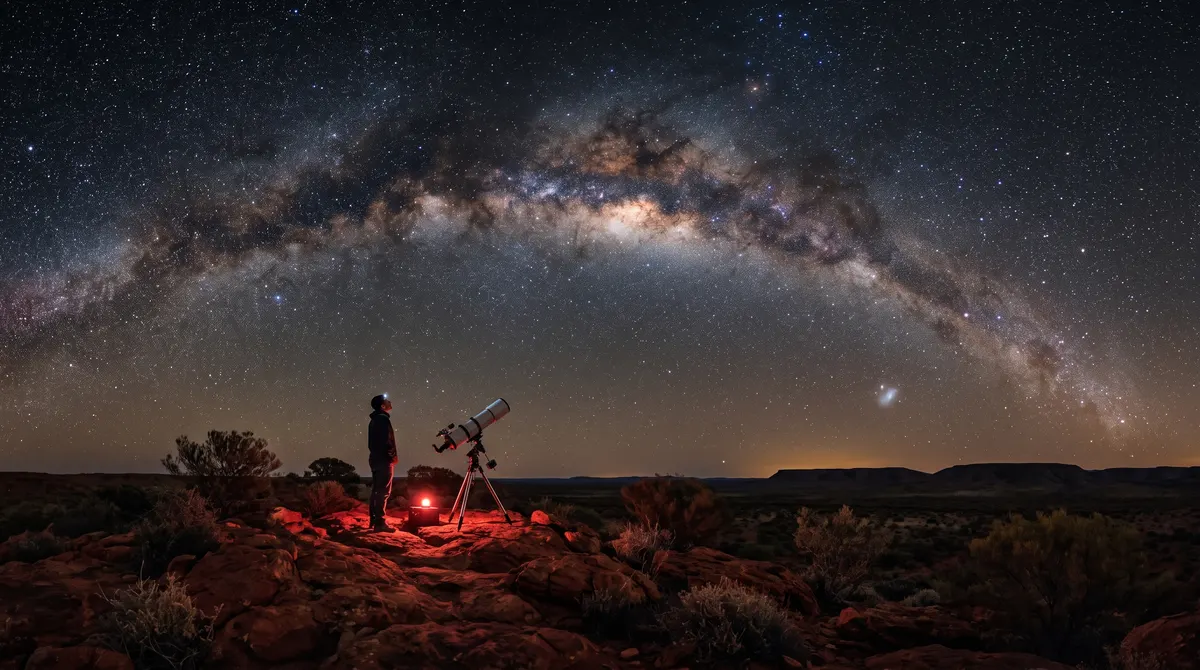 A stargazer with a telescope on an outback ridge under the Milky Way and the two Magellanic Clouds.