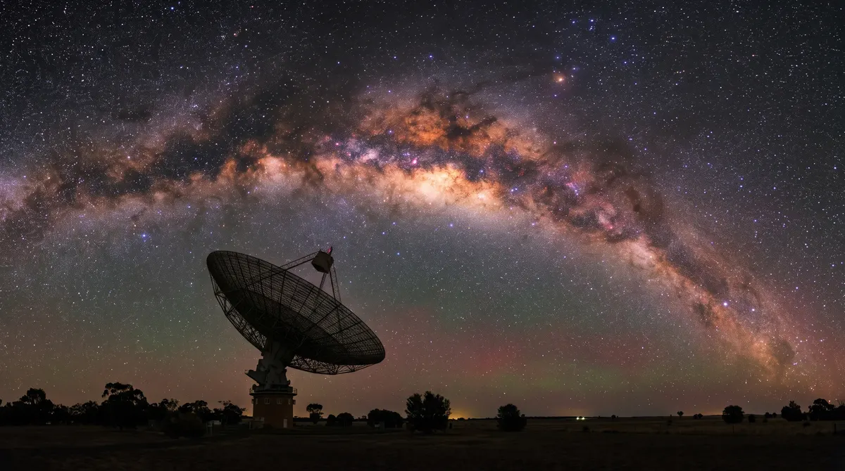 The Parkes radio telescope dish silhouetted against a brilliant Milky Way arching over the dark New South Wales countryside, photorealistic long-exposure night scene.