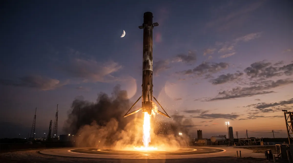 Reusable rocket booster descending on a column of flame towards a landing pad at dusk, with a pale crescent Moon in the sky above, cinematic photorealistic.