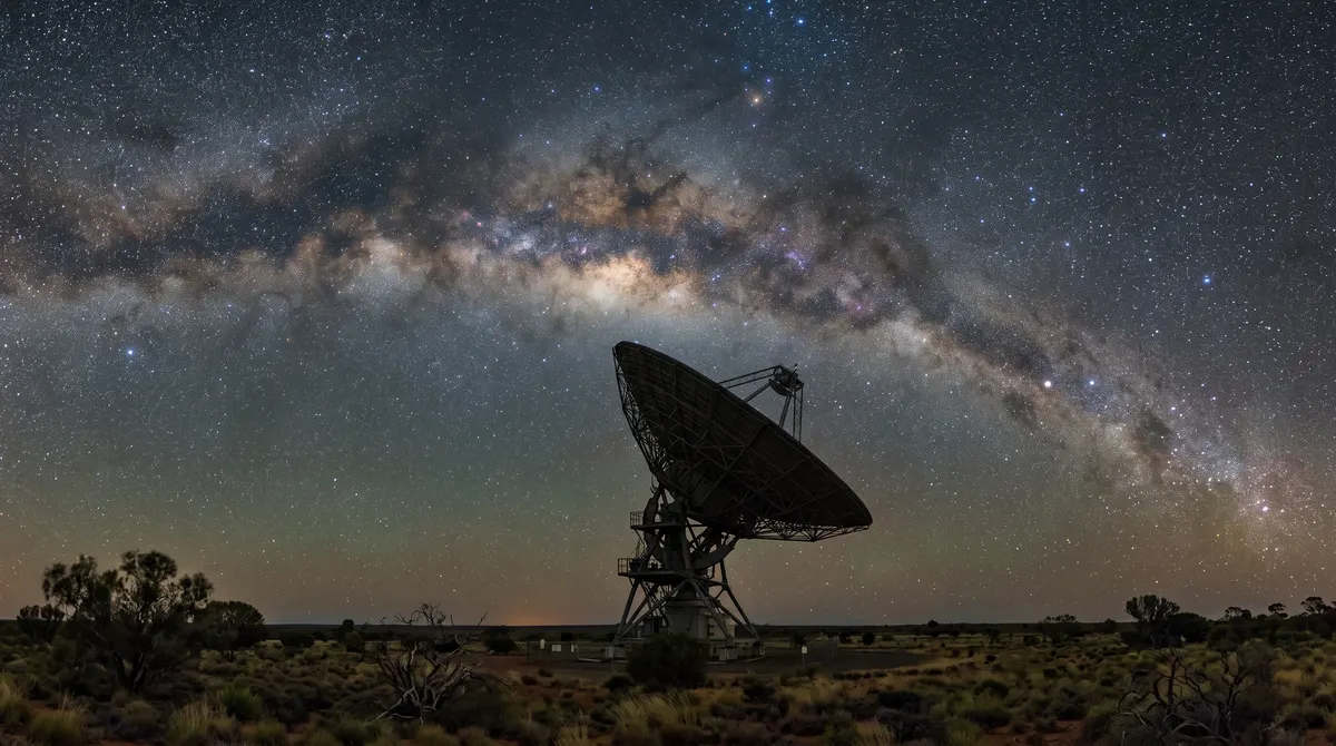 Southern night sky over the Australian outback showing the Milky Way, the Southern Cross and the dark Coalsack dust cloud, with a large radio dish silhouetted in the foreground.