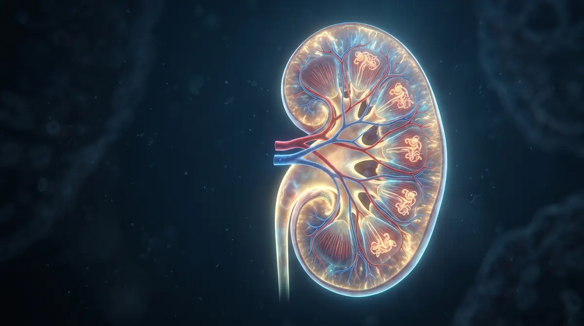 Cutaway of a human kidney glowing softly, revealing branching blood vessels and tiny nephron filters, set against a dark blue background.