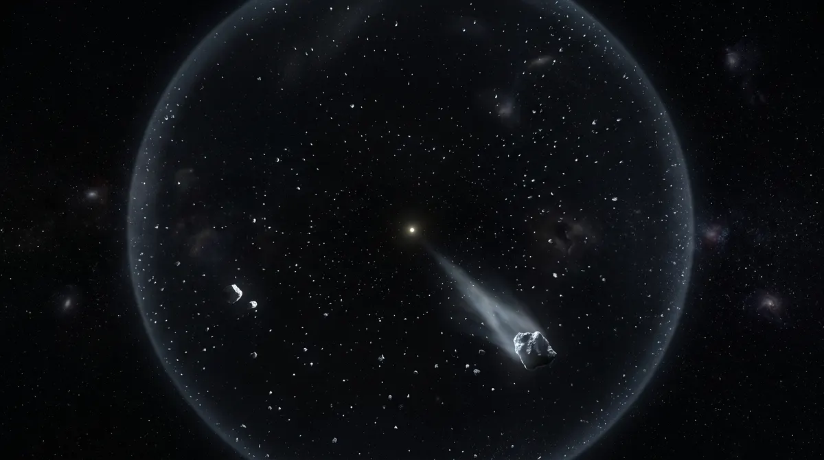 A vast faint spherical shell of icy comets surrounding a tiny distant Sun, with one comet trailing a glowing tail as it falls inward through the dark.